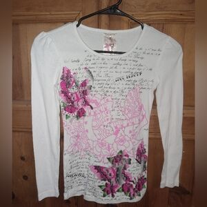 Floral Print Long Sleeve Top - White and Pink
